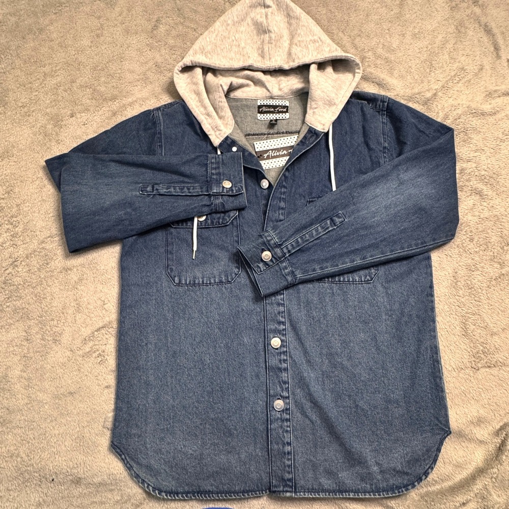 Alivia Ford Denim Shirt‎ Jacket with Gray Knit Hood - Women's Size Large
